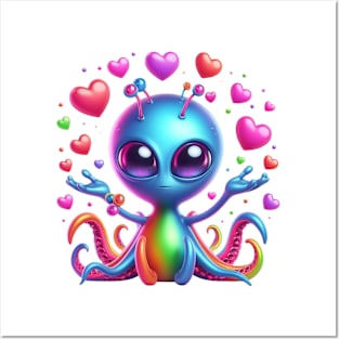 Octopus cute alien with hearts 3D Posters and Art